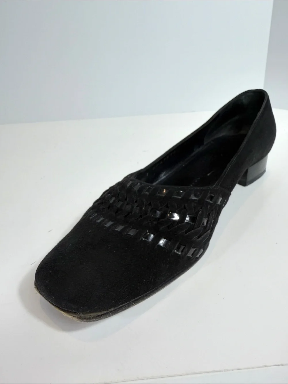 Salvatore Ferragamo Vintage Black Suede Woven Detail Block Heel Pumps 6.5 C